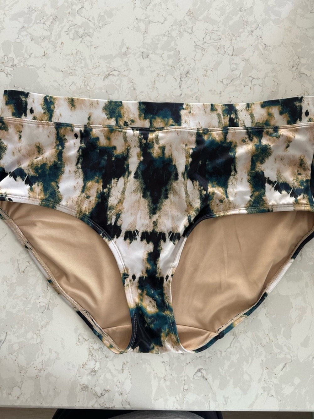 Tie-Dye High-Waist Bikini Bottoms in Black, Tan & Cream